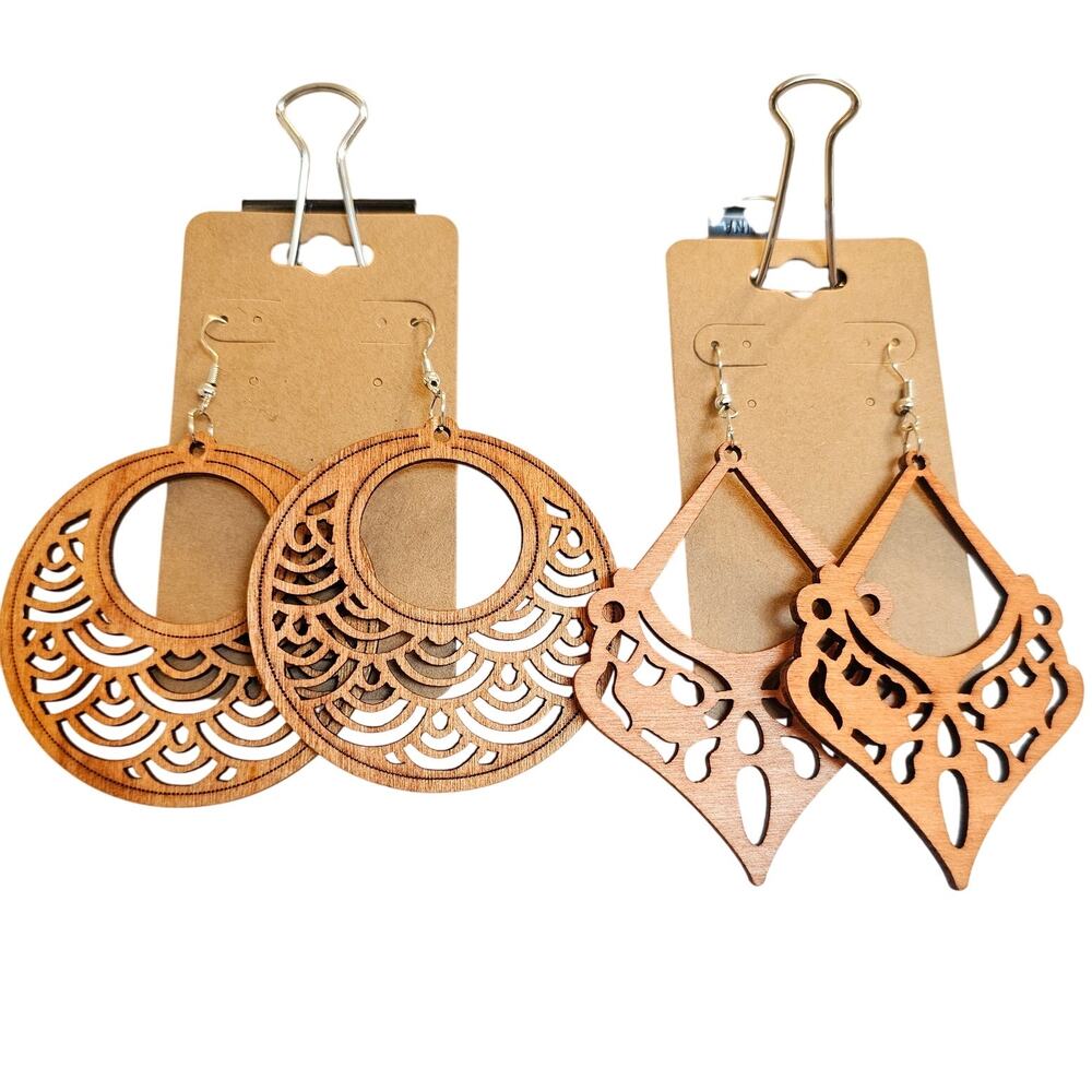 Wooden Laser Cut Dangle Earrings Boho Style Lightweight Lot of 2 pr Round